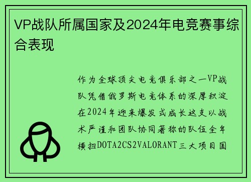 VP战队所属国家及2024年电竞赛事综合表现